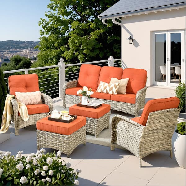 Eliza 5-Piece Outdoor Patio Wicker Conversation Sofa Seating Set with Ottoman and Orange Red Cushions
