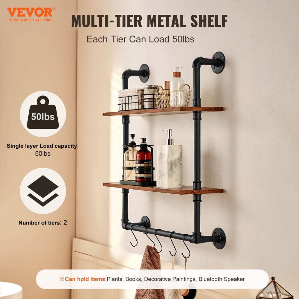 Black and Brown Industrial Steel and Wood Wall-Mount Accent Shelf