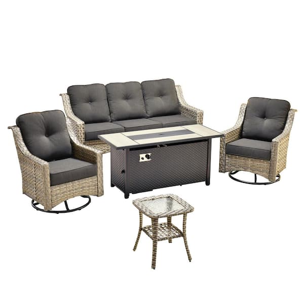 Cherry 5-Piece Wicker Outdoor Fire Pit Furniture Patio Conversation Sofa Set with Swivel Chairs and Black Cushions