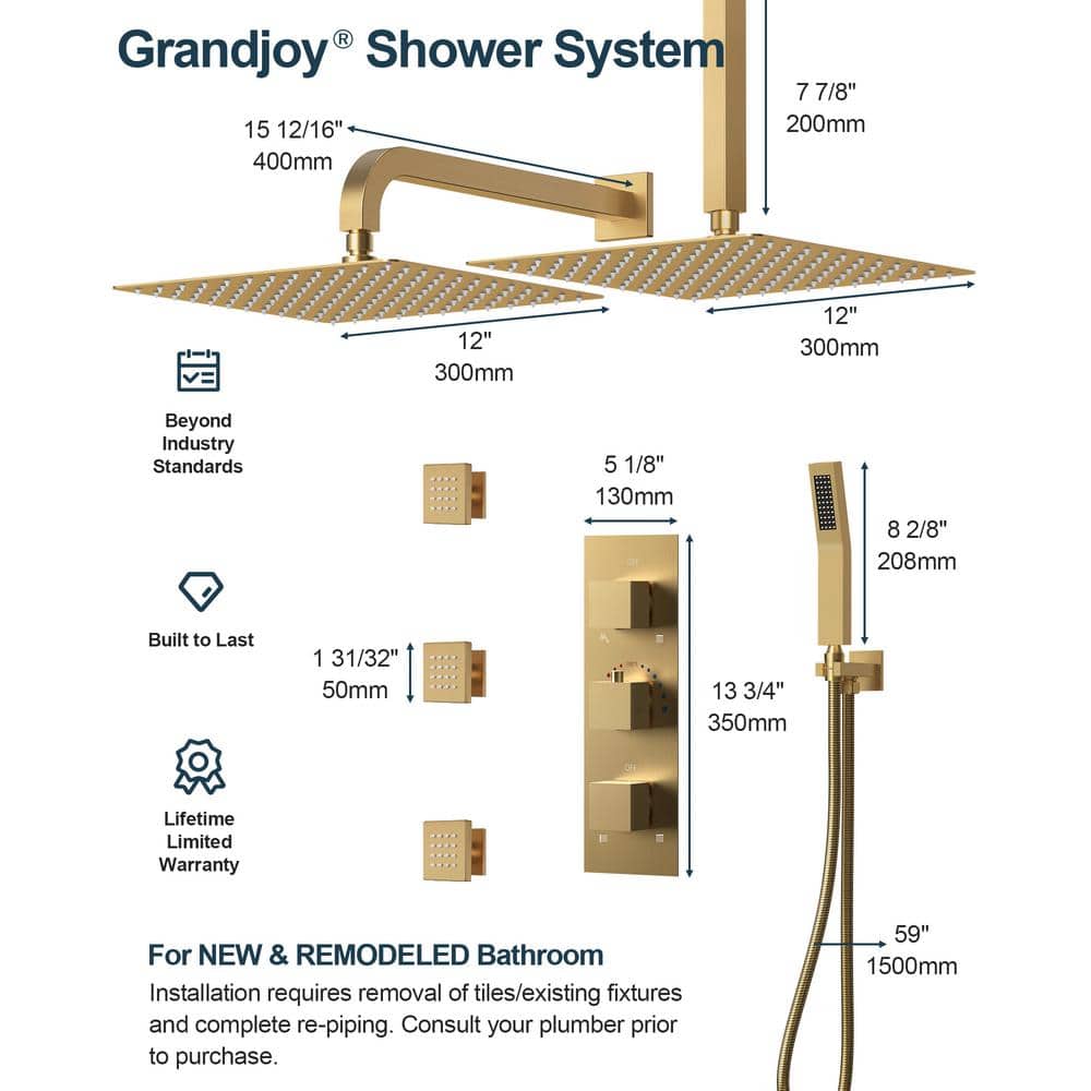 Grandjoy Brushed Gold Dual Shower Head System with Handheld Spray and Jets