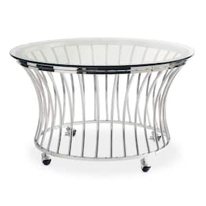 Astoria 36 in. Metal/Clear Medium Round Glass Coffee Table with Casters