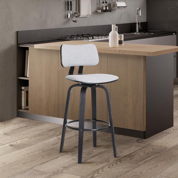 Armen Living Pico Swivel 30 in. Light Grey, Black Metal, Wood Bar Stool with Light Grey Fabric Seat