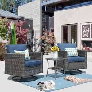 Megon Holly Gray 3-Piece Wicker Patio Conversation Seating Sofa Set with Denim Blue Cushions and Swivel Rocking Chairs