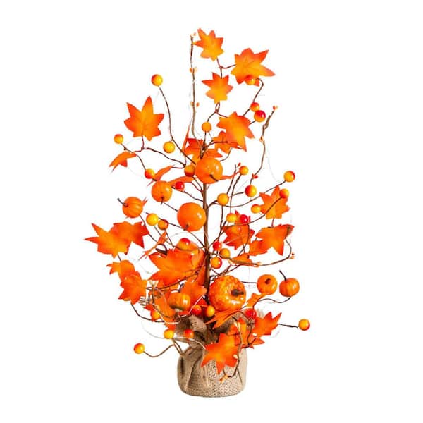 1.5 ft. Pre-Lit Artificial Maple Tree with Pumpkin Ornaments and 30 LED String Lights in Burlap Wrapped Base
