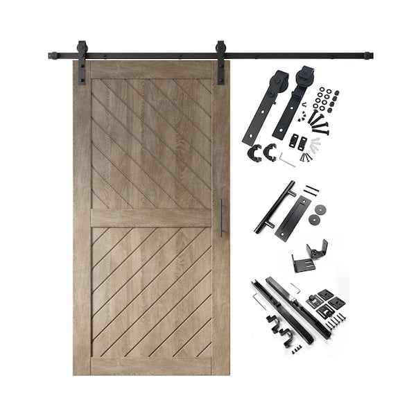 XT4 40 in. x 80 in. C-Panel Classic Gray Slanted Stripe Design Solid Pine Wood Sliding Barn Door with Hardware Kit