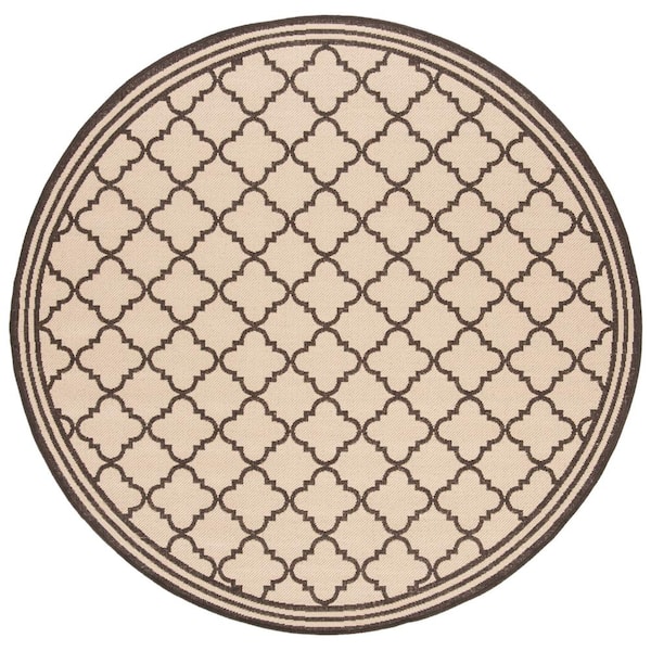 SAFAVIEH Beach House Cream/Brown 8 ft. x 8 ft. Border Trellis Indoor/Outdoor Round Area Rug