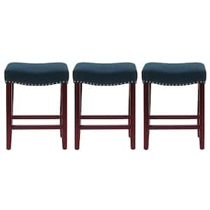 Jameson 24 in. Counter Height Cherry Wood Finish Backless Nail Head Barstool with Navy Blue Linen Saddle Seat (Set of 3)