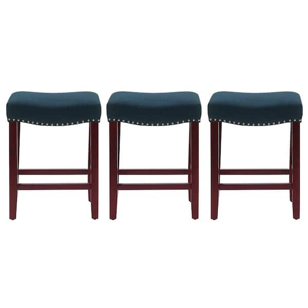 WESTINFURNITURE Jameson 24 in. Counter Height Cherry Wood Finish Backless Nail Head Barstool with Navy Blue Linen Saddle Seat (Set of 3)