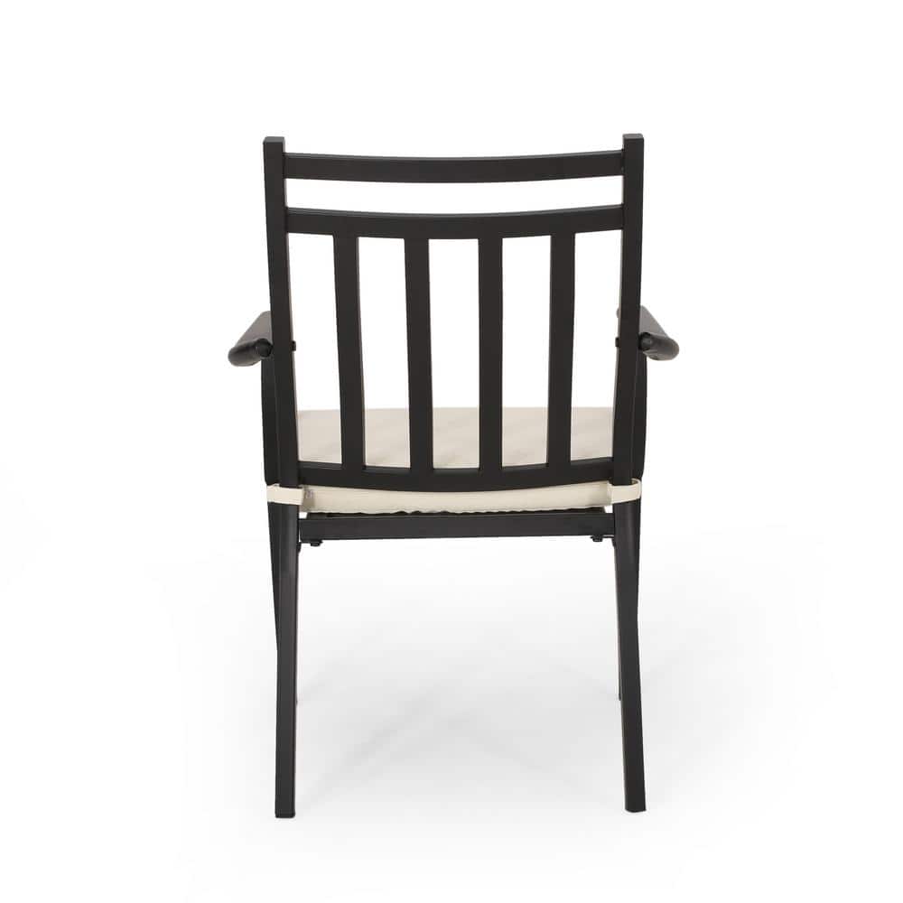 Matte Black Iron Outdoor Dining Chairs with Beige Cushions (Set of 2)
