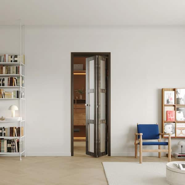 30 in x 80 in, Gray Brown, MDF & Water-Proof PVC Covering, Three Frosted Glass Panel Bi-Fold Interior Door for Closet