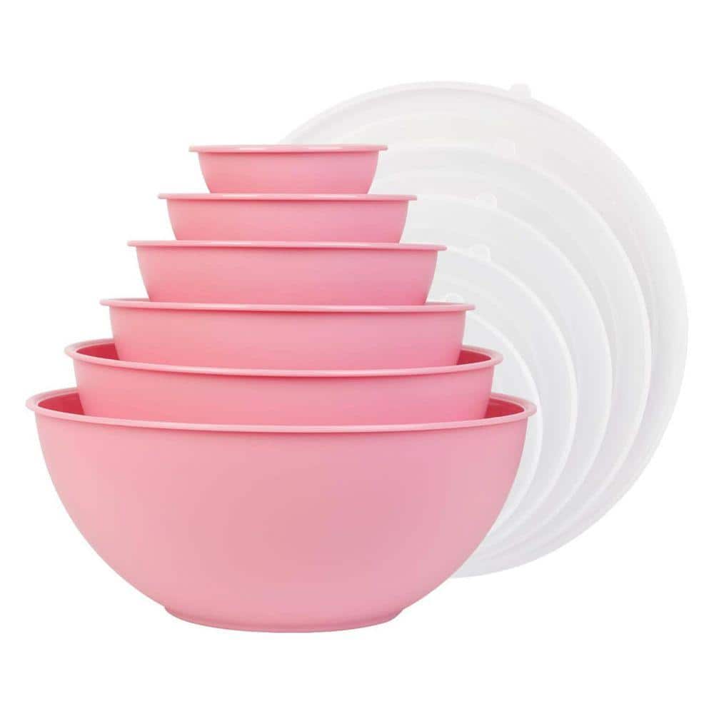 UUDULY 12 Piece Pink Plastic Mixing Bowl Set with Lids, Nesting