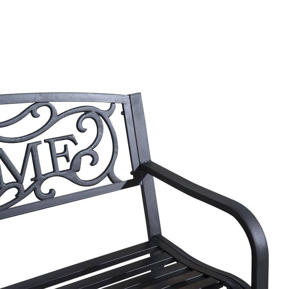 Black 50" Outdoor Metal Welcome Bench with Vine Motifs