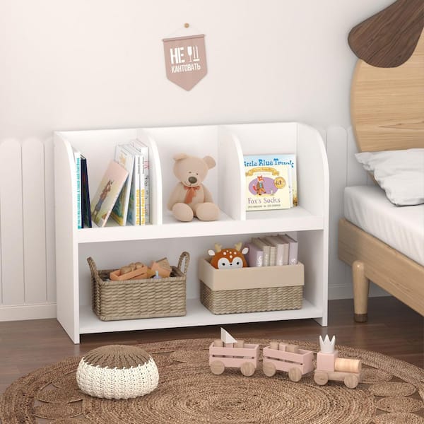 Oron 23.62 in. Tall White MDF Wood Kids Bookcase with 4-Compartments, Open Storage Organizer