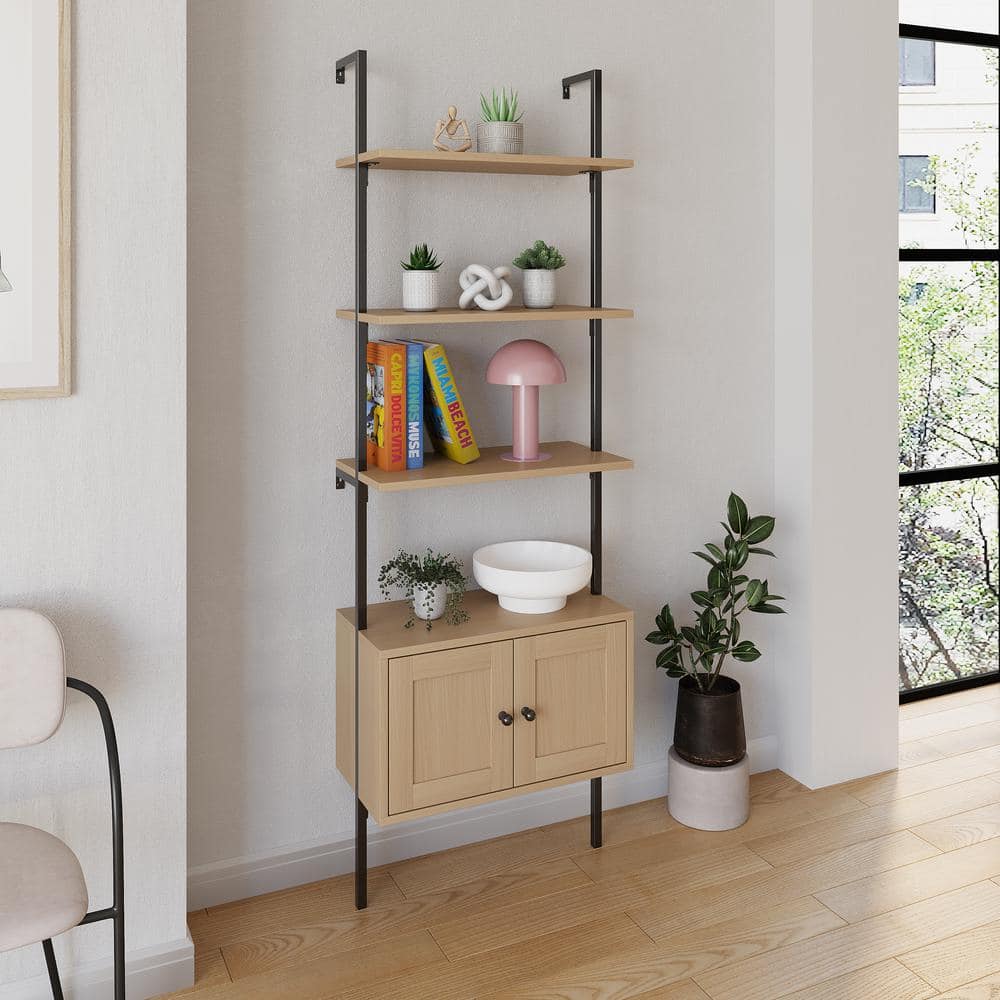 Light Oak and Black Wall-Mounted Ladder Bookcase with Cabinet