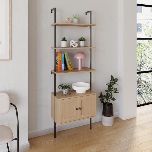 happimess Tulare 72.05 in. Tall Mid Century 4-Shelf Wood Wall-Mounted Open Ladder Bookcase Cabinet, Metal Frame Light Oak/Black
