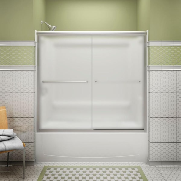 STERLING Finesse 55-60 in. x 58 in. Semi-Frameless Sliding Bathdoor in Frosted Nickel with Handle