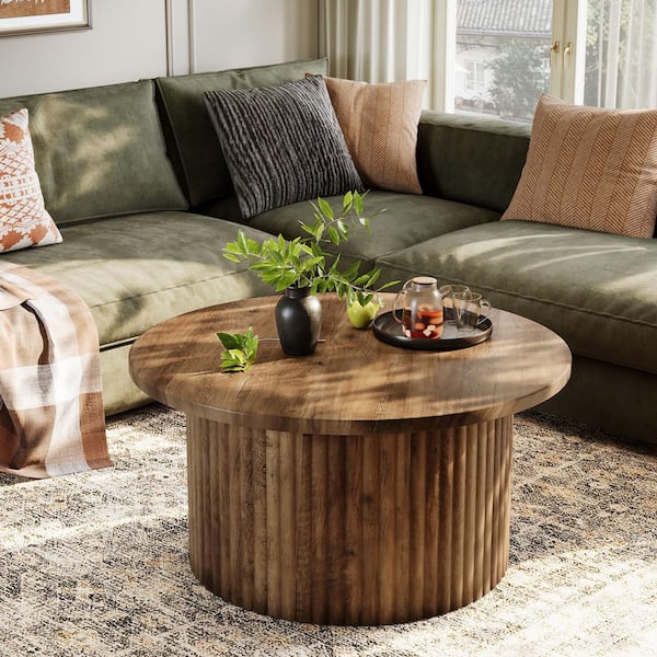 Allan 31.5 in. Brown Round Wood Coffee Table with Fluted Drum Base, Modern Wooden Accent Cocktail Table for Living Room