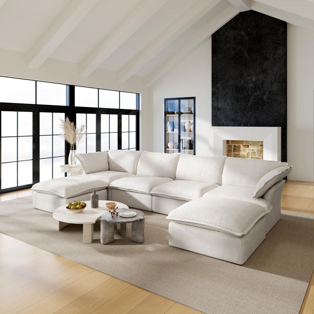 122 in. Flared Arm 5-Piece linen Modular Sectional Sofa in White with Storage Ottoman