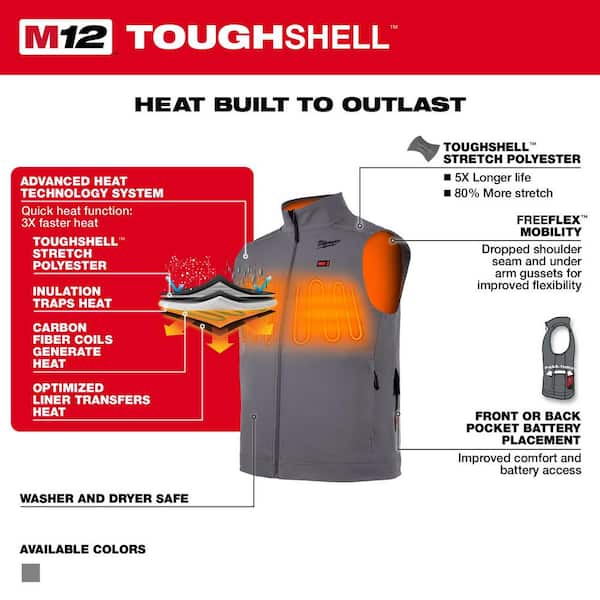 Milwaukee Men's Large M12 12V Lithium-Ion Cordless TOUGHSHELL Gray Heated  Vest (Vest Only) 304G-20L - The Home Depot