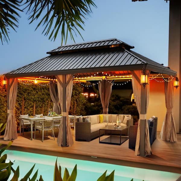 ToolCat 12 ft. x 20 ft. Aluminum Double Galvanized Steel Roof Gazebo with Ceiling Hook, Netting and Curtains, Brown Plus Bronze