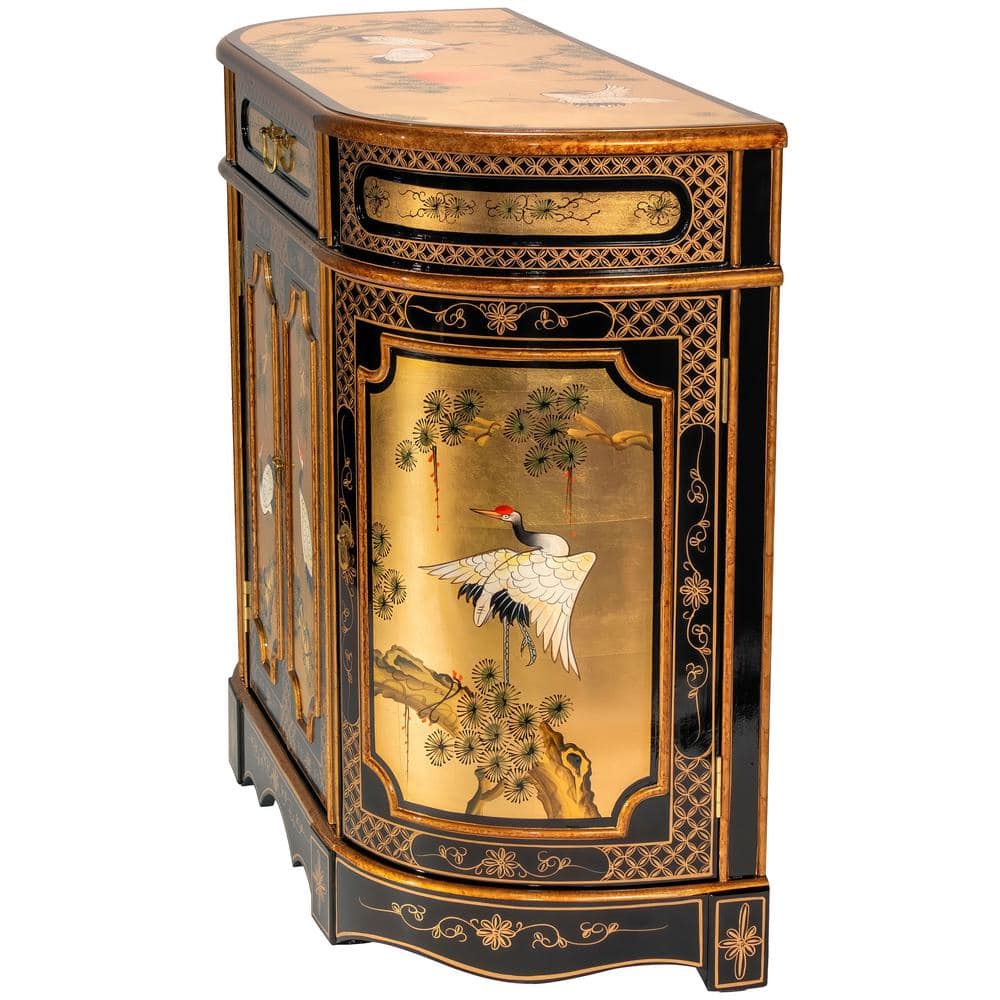 Gold Lacquer Hand-Painted Cranes Solid Wood Accent Cabinet