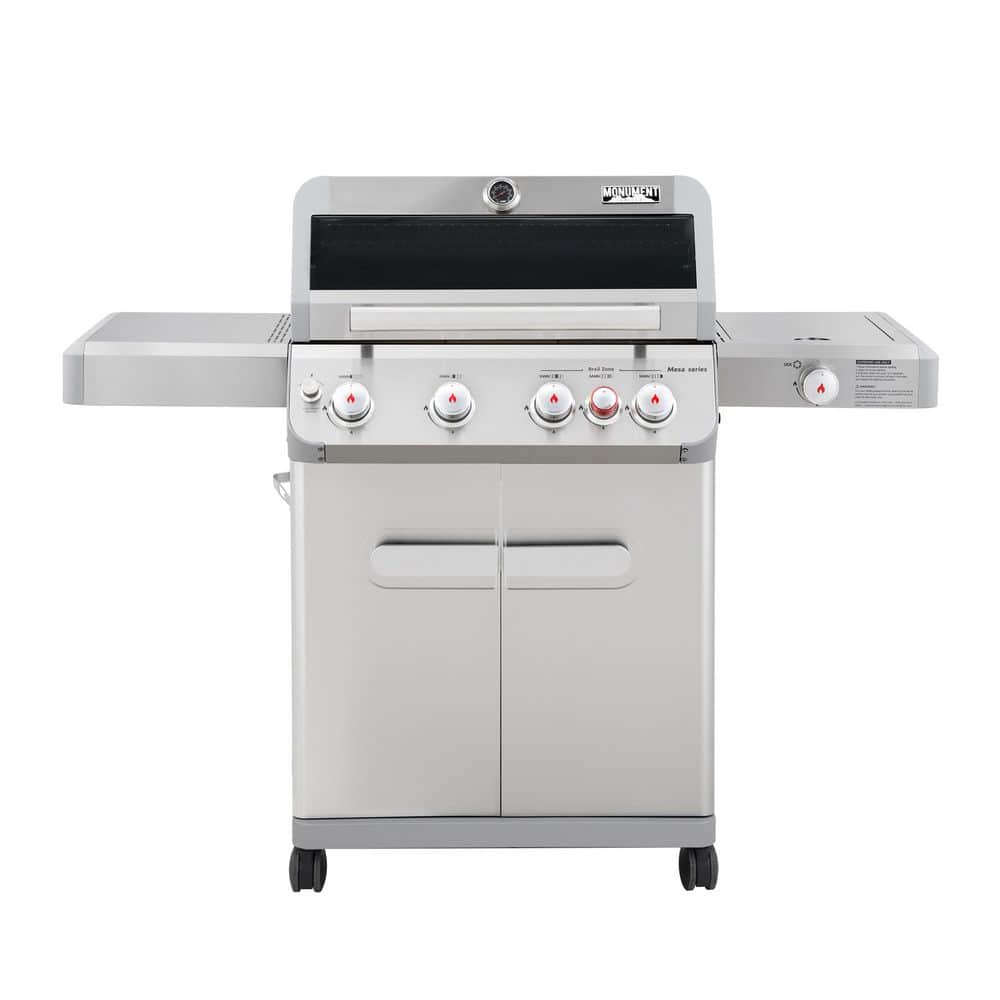Mesa 4-Burner Propane Gas Grill in Stainless Steel with Broil Zone, Clear View Lid, Side Burner and LED Controls