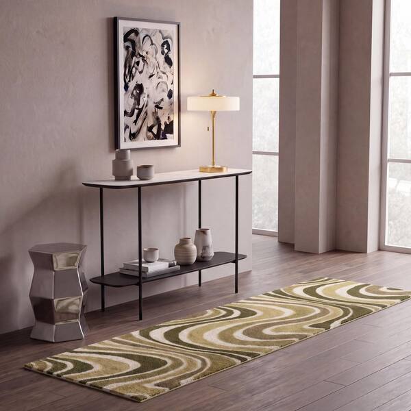 Rodeo Drive 2 ft. x 8 ft. Green/Ivory Wave Runner Rug