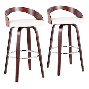 Grotto 35.25 in. Bar Stool in White Faux Leather and Cherry Wood (Set of 2)