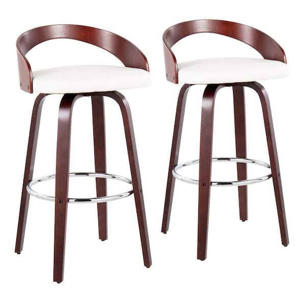 Lumisource Grotto 35.25 in. Bar Stool in White Faux Leather and Cherry Wood (Set of 2)