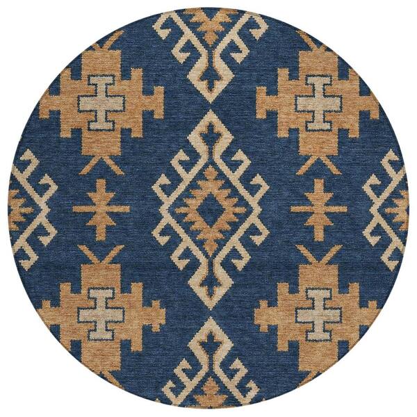 Chantille Machine Washable Indoor/Outdoor Abstract ACN3029 Navy 8 ft. x 8 ft. Round Rug