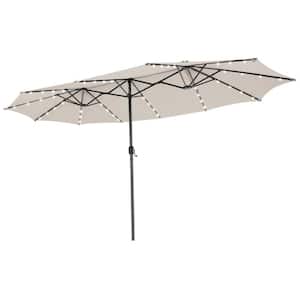 15 ft. Steel Twin Market Solar Patio Umbrella with 48 LED Lights in Beige