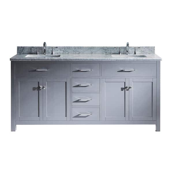 Virtu USA Caroline 72 in. W Bath Vanity in Gray with Marble Vanity Top in White with Square Basin