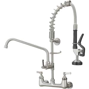Commercial Restaurant Pull Down 2-Handle Wall Mount Pre-Rinse Spray Utility Kitchen Faucet in Brushed Nickel
