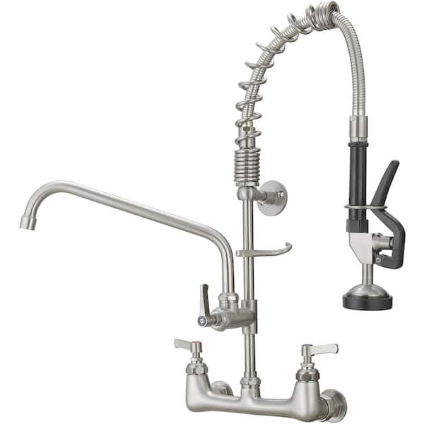 Double Handle Wall Mount Pre-Rinse Sprayer Standard Kitchen Faucet in Brushed Nickel