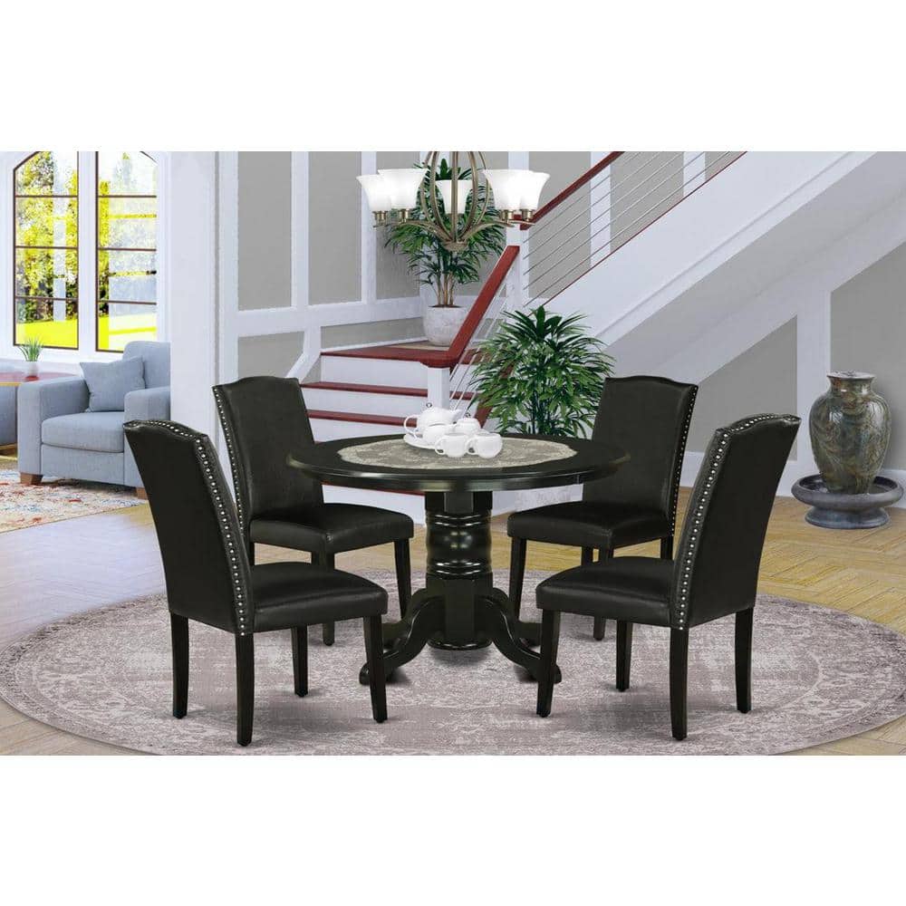 Renaissance Romance 5-Piece Black Round Dining Set with PU Leather Chairs