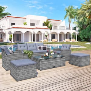 6-Pieces Dark Gray Wicker Outdoor Conversation Sectional Set with Light Gray Cushions