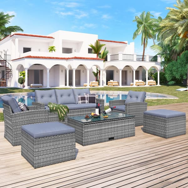 Harper & Bright Designs 6-Pieces Dark Gray Wicker Outdoor Conversation Sectional Set with Light Gray Cushions