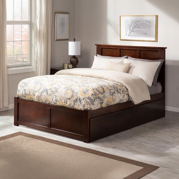 Madison Walnut Full Solid Wood Storage Platform Bed with Flat Panel Foot Board and 2 Bed Drawers