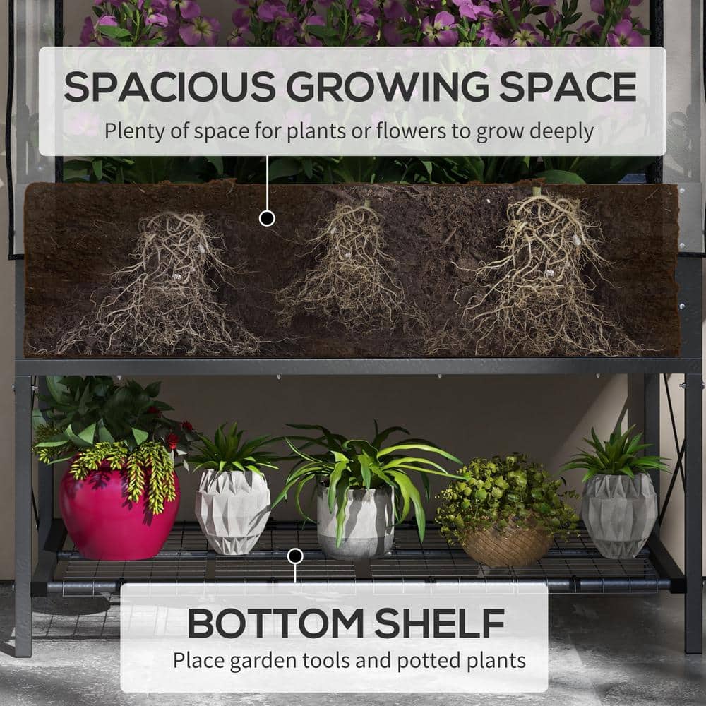 Black Metal Raised Garden Bed with Cover and Storage Shelf
