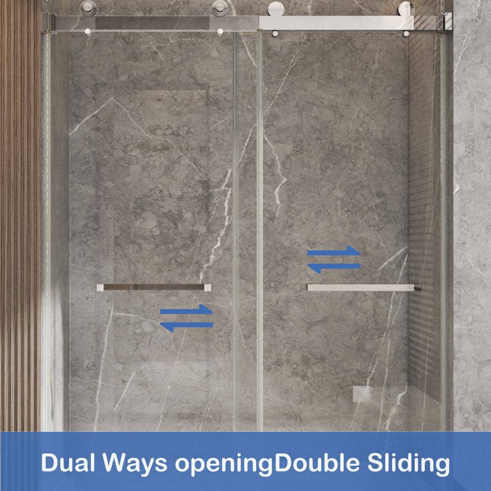 Brushed Nickel Frameless Sliding Shower Door with Clear Tempered Glass