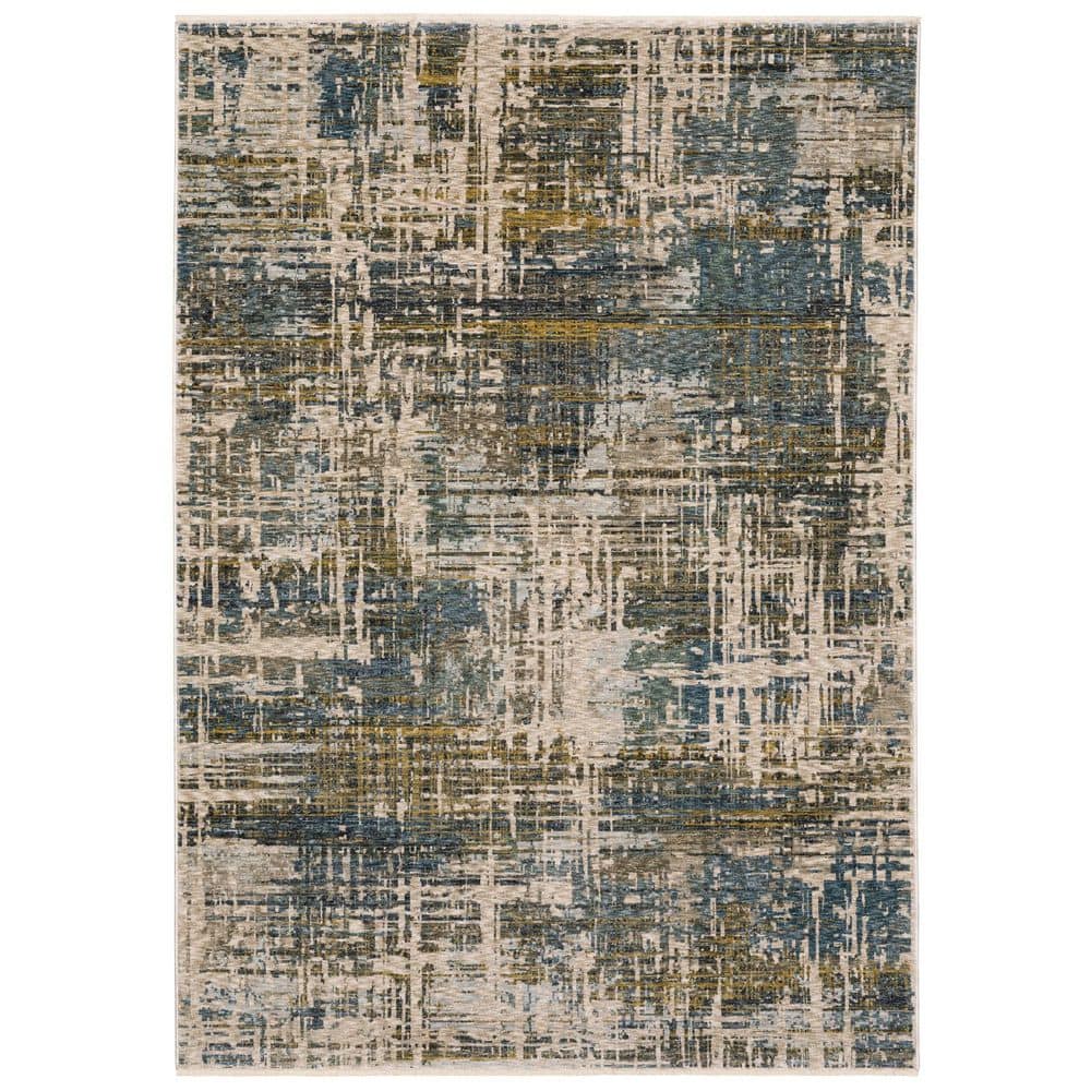 HomeRoots 7 ft. x 10 ft. Blue And Gold Abstract Distressed with Fringe ...