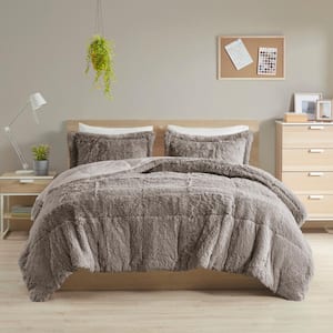 Leena 2-Piece Grey Textured Shaggy Long Fur Polyester Twin/Twin XL Comforter Set