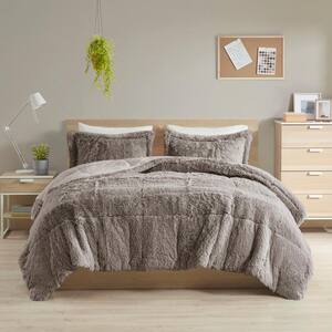 Leena 3-Piece Grey Textured Shaggy Long Fur Polyester Full/Queen Comforter Set