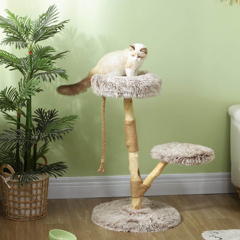 35 Inch Brown Plush and Wood Cat Tree Tower
