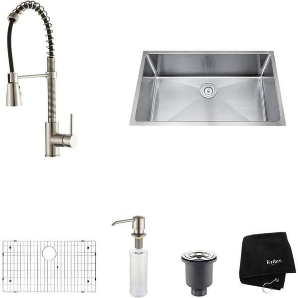 KRAUS All-in-One Undermount Stainless Steel 32 in. Single Bowl Kitchen Sink with Faucet and Accessories in Stainless Steel