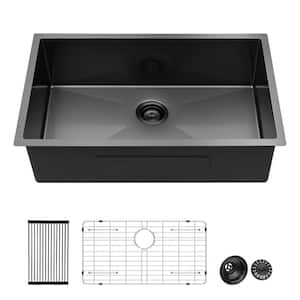 30 in. Undermount Single Bowl 16 Gauge Gunmetal Black Stainless Steel Kitchen Sink with Drying Rack