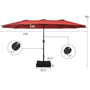 15 ft. Iron Market Double-Sided Twin Patio Umbrella with Crank in Wine