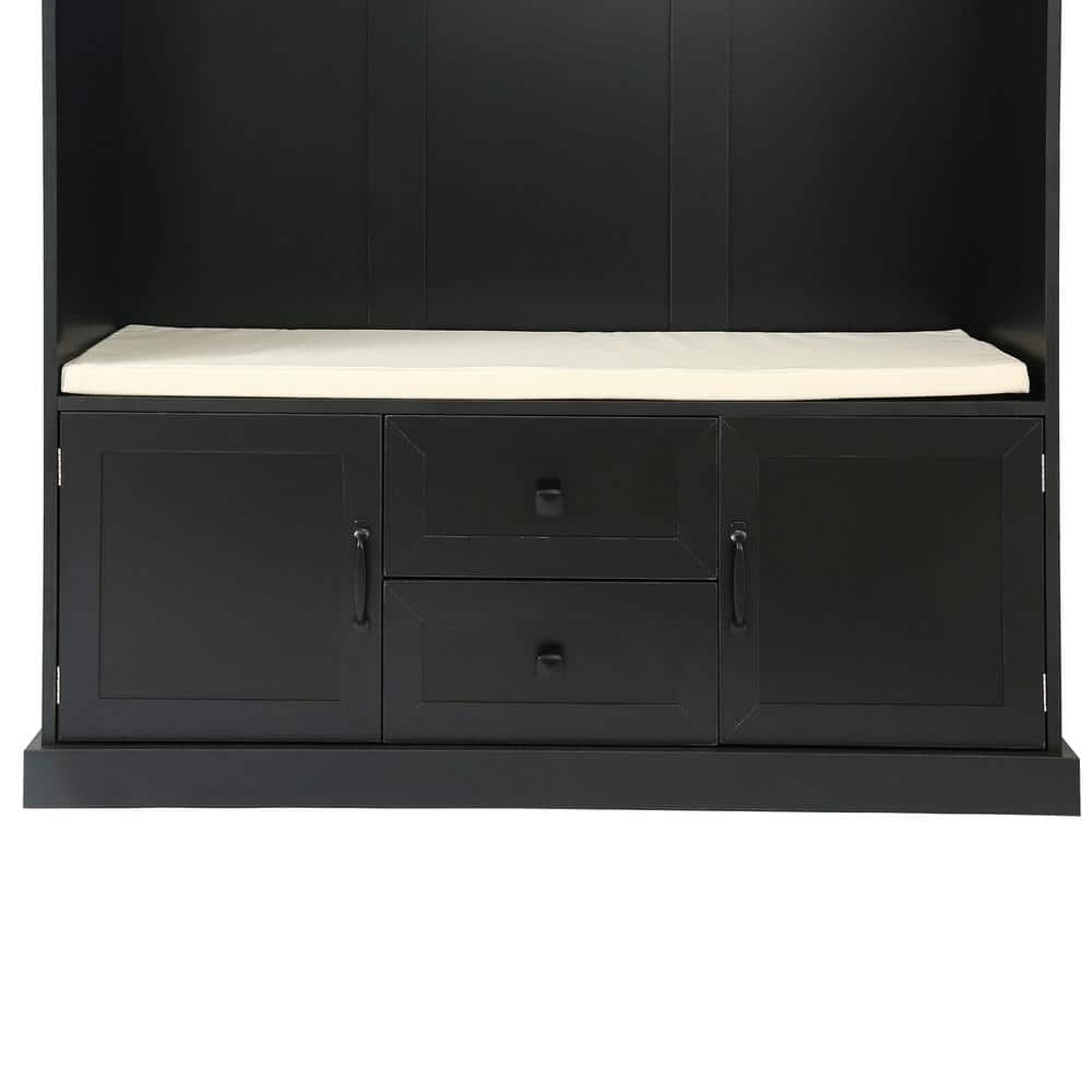 Black Particle Board Hall Tree with Storage Bench and Hooks