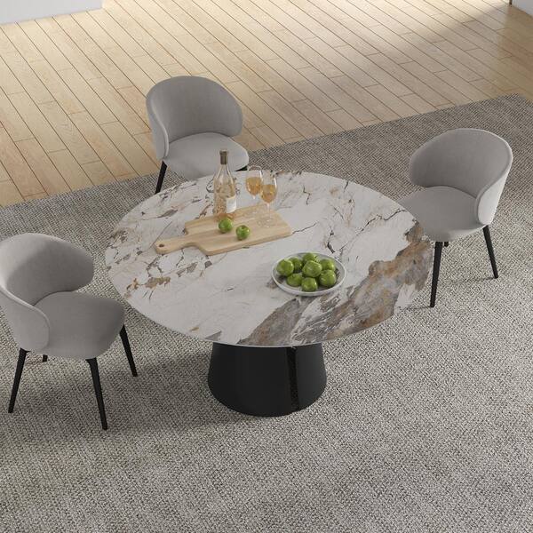 Modern Round White Snowy Mountain Stone Tabletop 53.15 in. Carbon Steel Black Pedestal Base Dining Table (6 Seats)