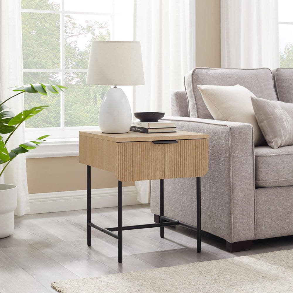 Modern Coastal Oak and Black Fluted Drawer Side Table